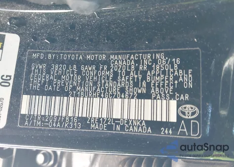 2016 Toyota Corolla Le z USA, uszkodzony, nr VIN 2T1BURHE4GC704672